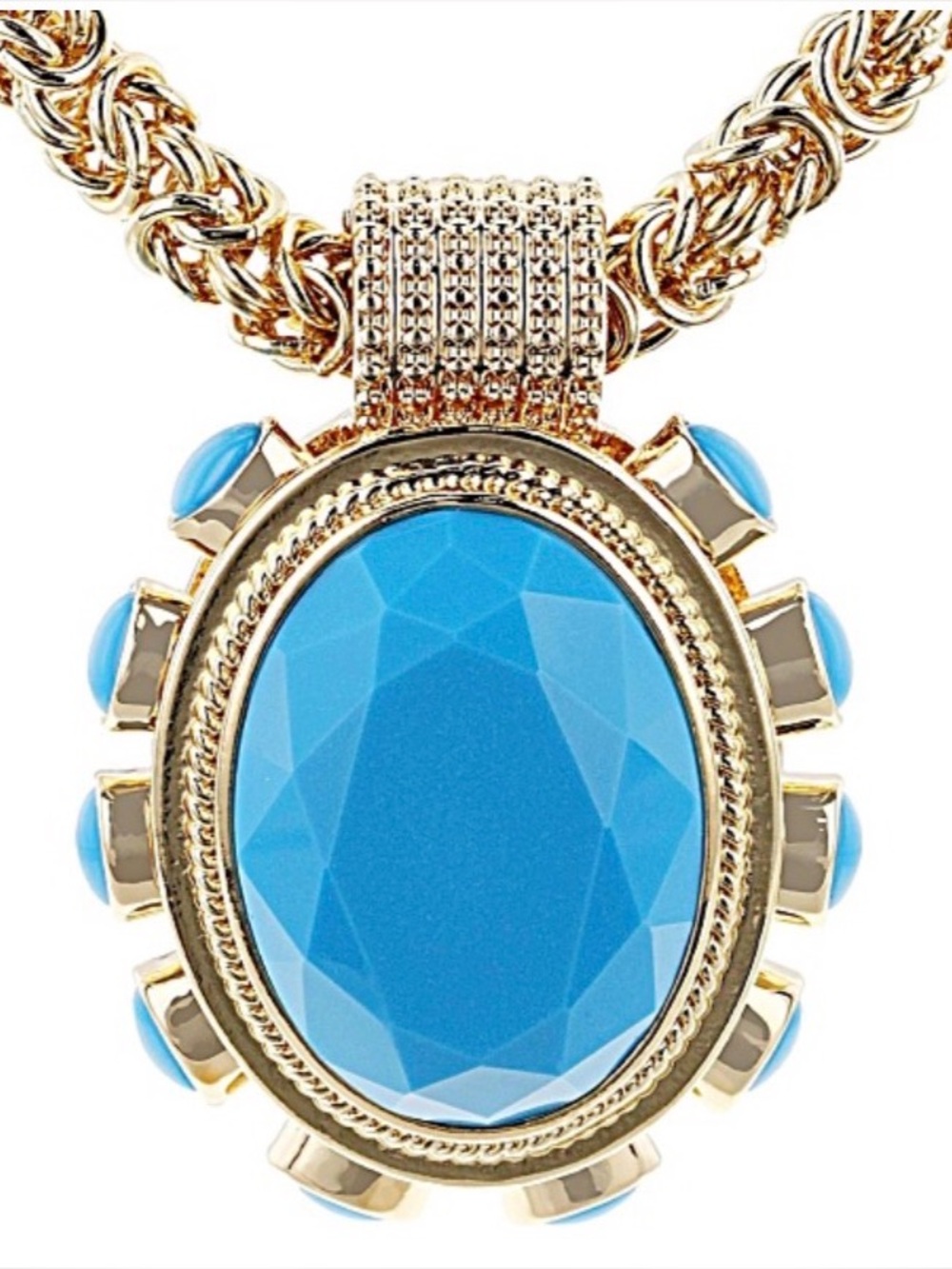 JTV Turquoise Simulant & Crystal Gold Tone Enhancer Pendant 32" Byzantine Chain